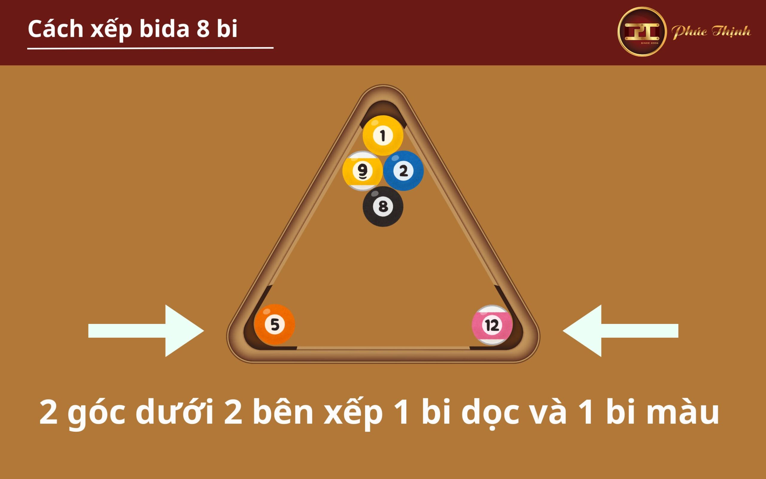 Đặt 2 góc dưới 2 bên xếp 1 bi dọc và 1 bi màu