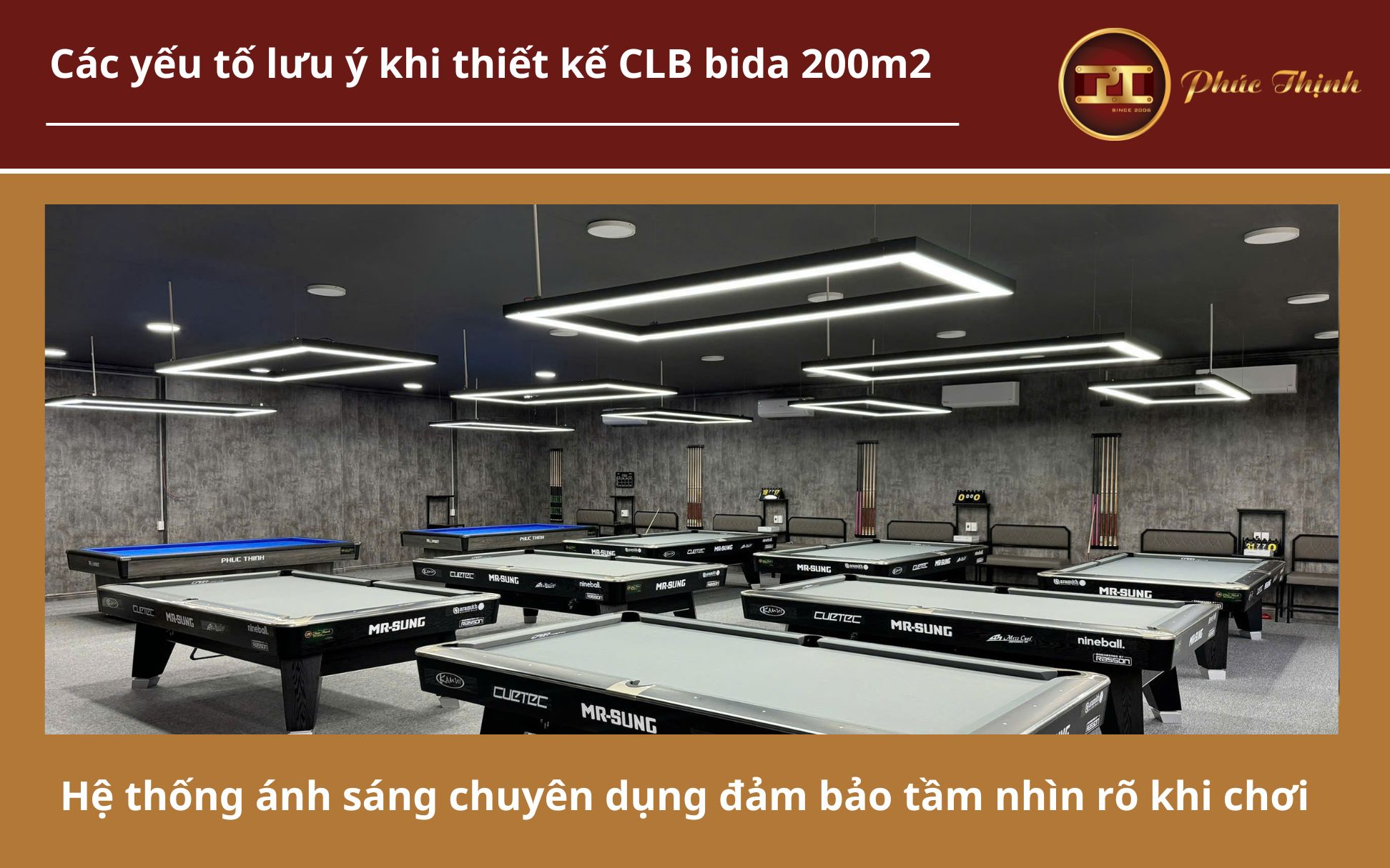 Thiết kế CLB Bida 200m2 sử dụng hệ thống ánh sáng đảm bảo