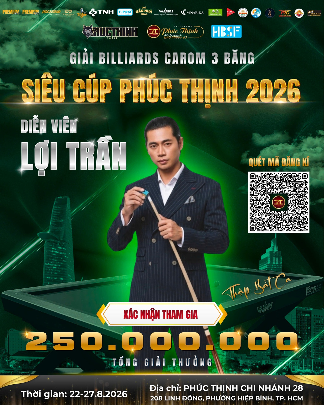 diễn viên Lợi Trần tham gia Siêu cúp Billiards Phúc Thịnh 2026