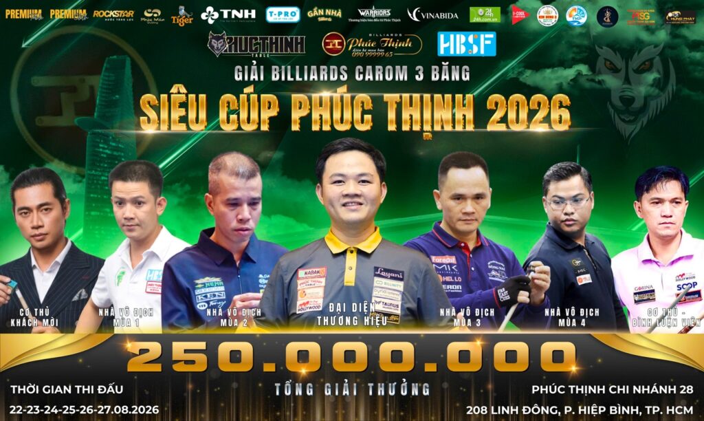 Siêu cúp Billiards Phúc Thịnh 2026: Giải thưởng 100 triệu cho ngôi vô địch